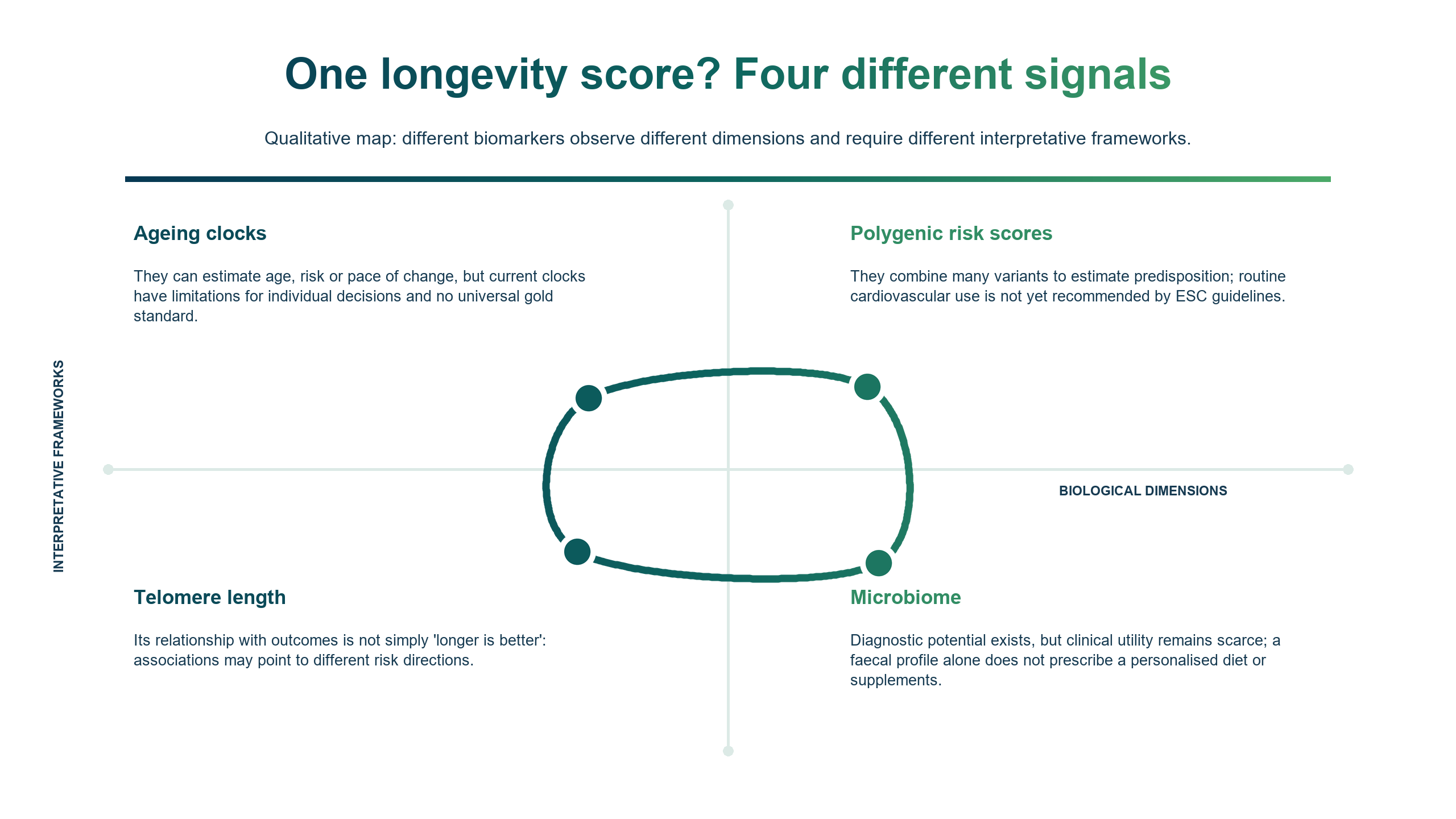 Two-axis quadrant with four points joined by a curve: ageing clocks, polygenic risk scores, telomere length and the microbiome are different signals, not a single personal longevity score.